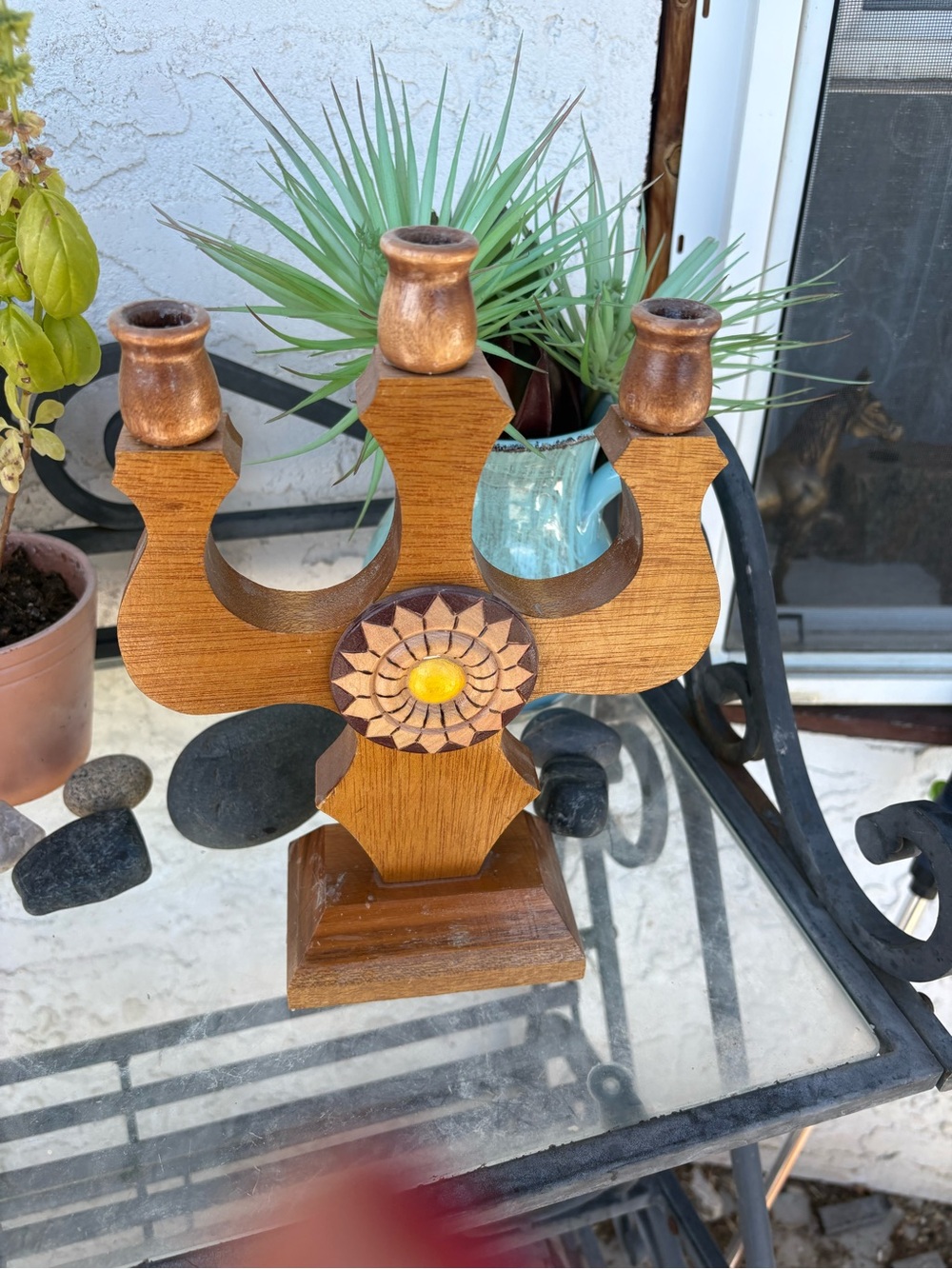 Three Candle wooden Holder With Flower Middle